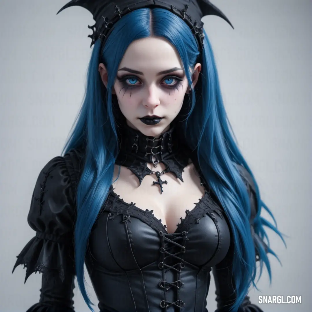 Woman with blue hair and black clothes with horns and horns on her head. Example of CMYK 93,51,6,4 color.
