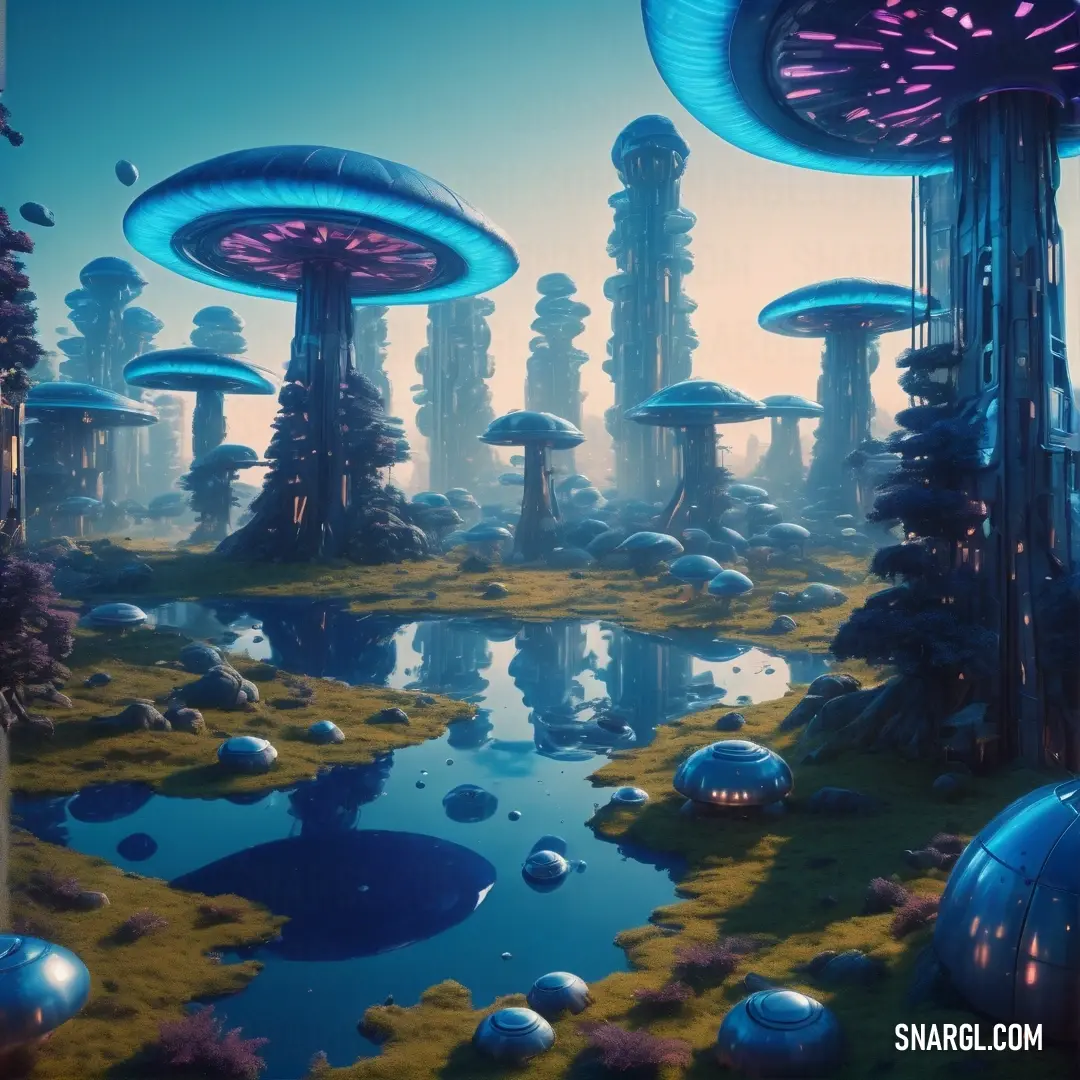 Futuristic landscape with a pond and many trees and mushrooms in the background. Example of CMYK 92,44,13,22 color.