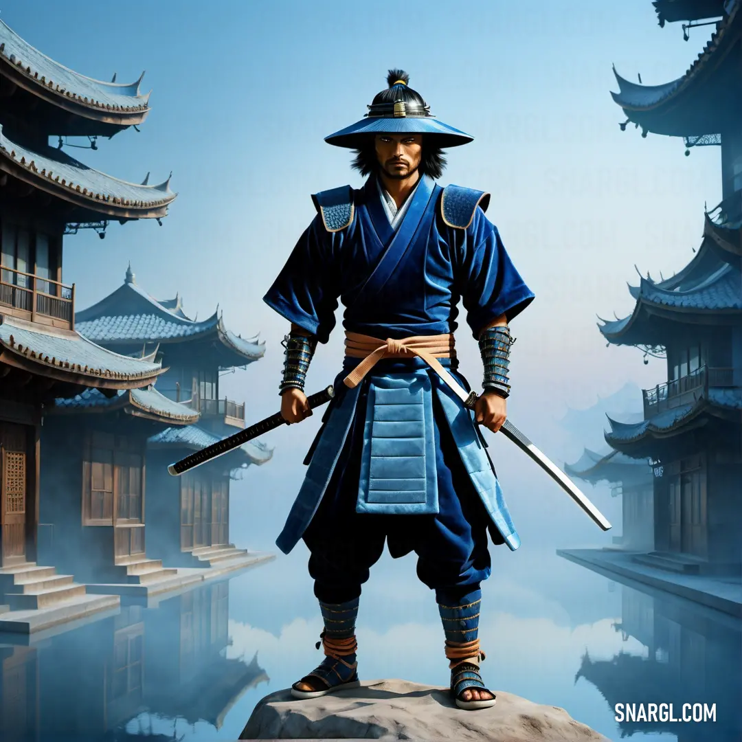 Man in a blue outfit holding two swords in front of a building with a reflection of water in the water. Example of #13658B color.