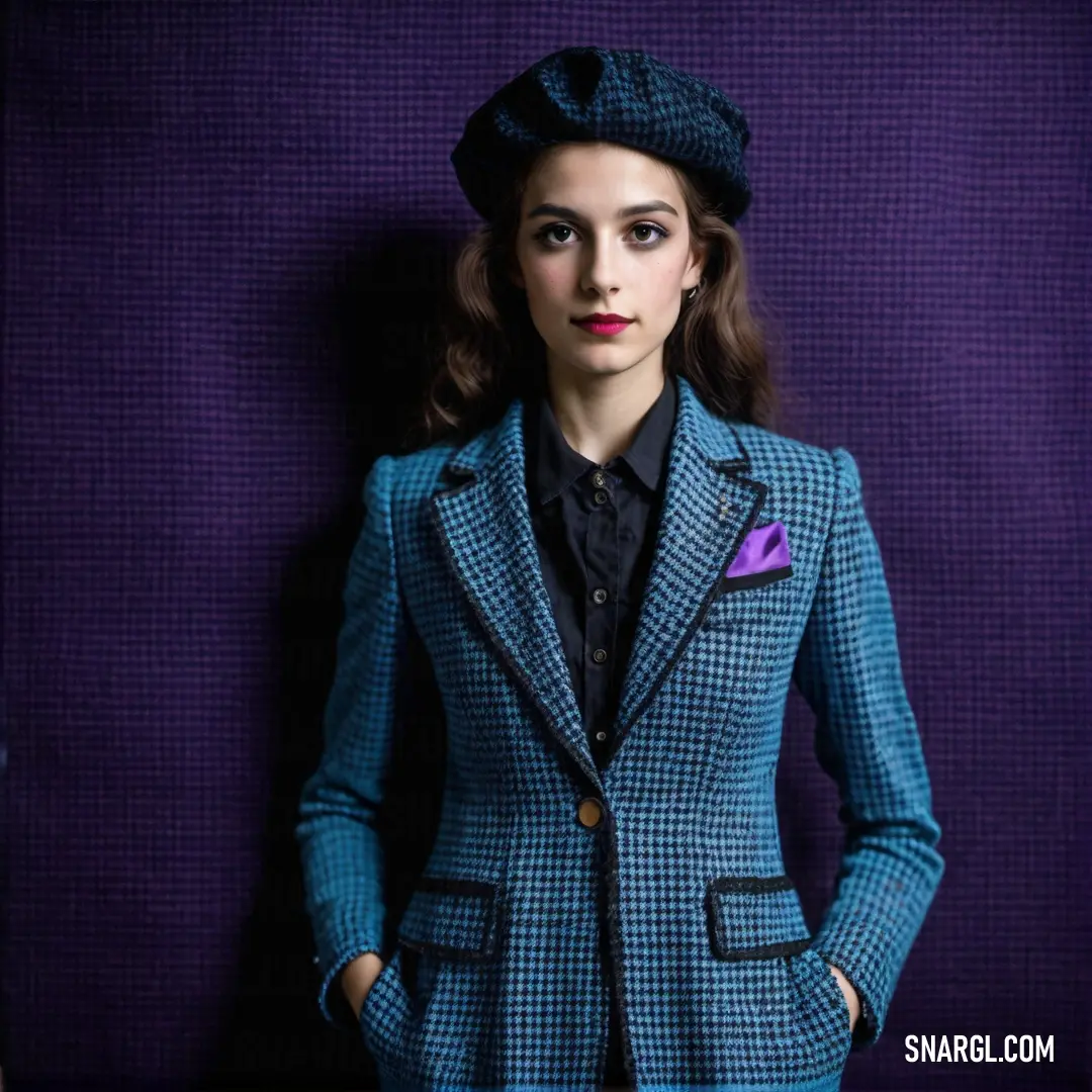 Woman in a blue jacket and hat posing for a picture with her hands on her hips. Example of PANTONE 2152 color.