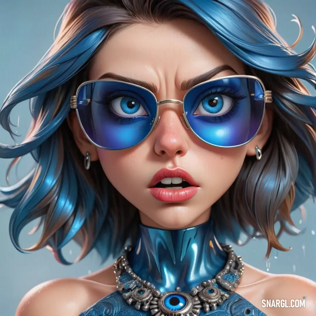 Woman with blue hair and sunglasses on her face and a necklace on her neck. Color RGB 19,101,139.