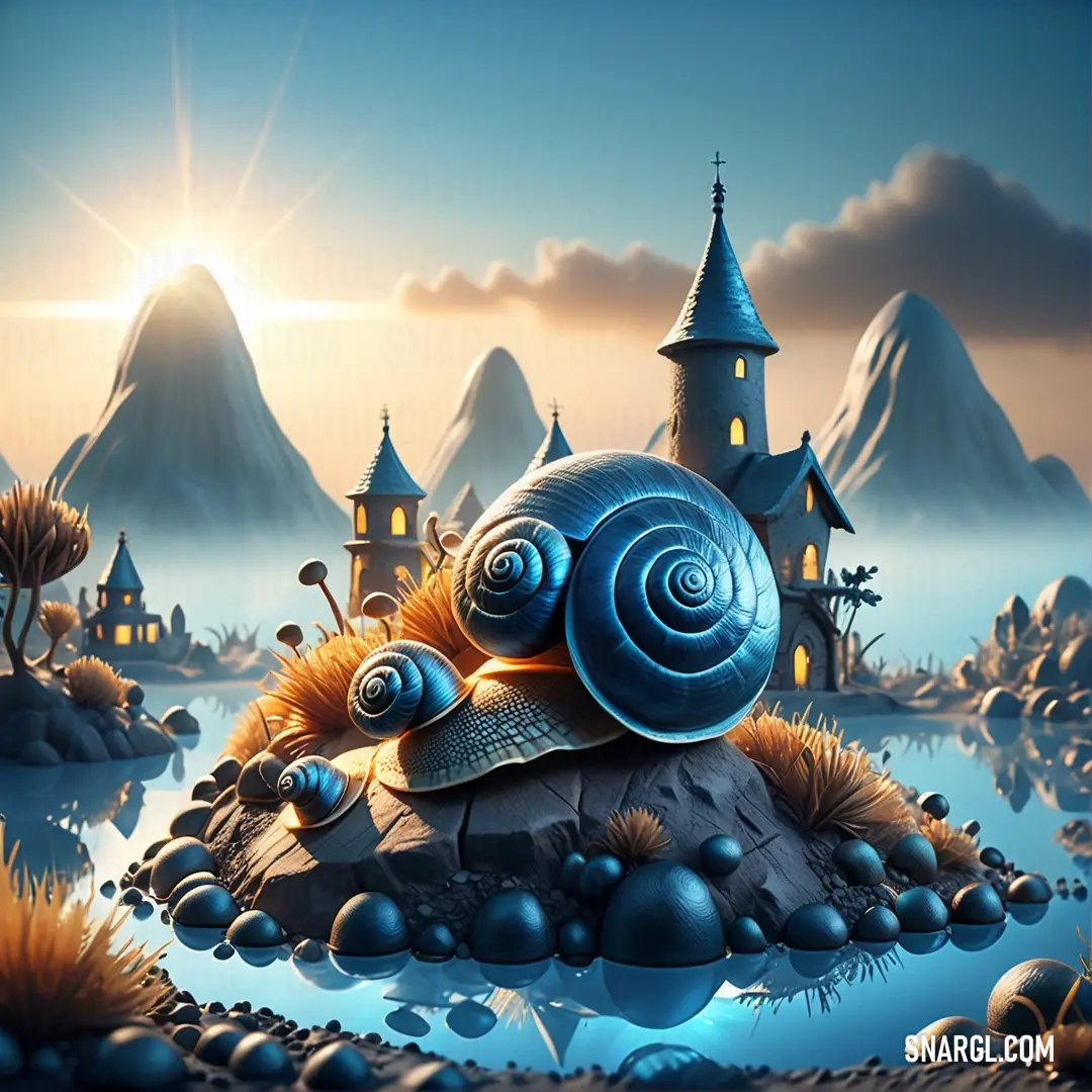 Snail is on a rock in a pond of water with a castle in the background. Example of CMYK 92,44,13,22 color.