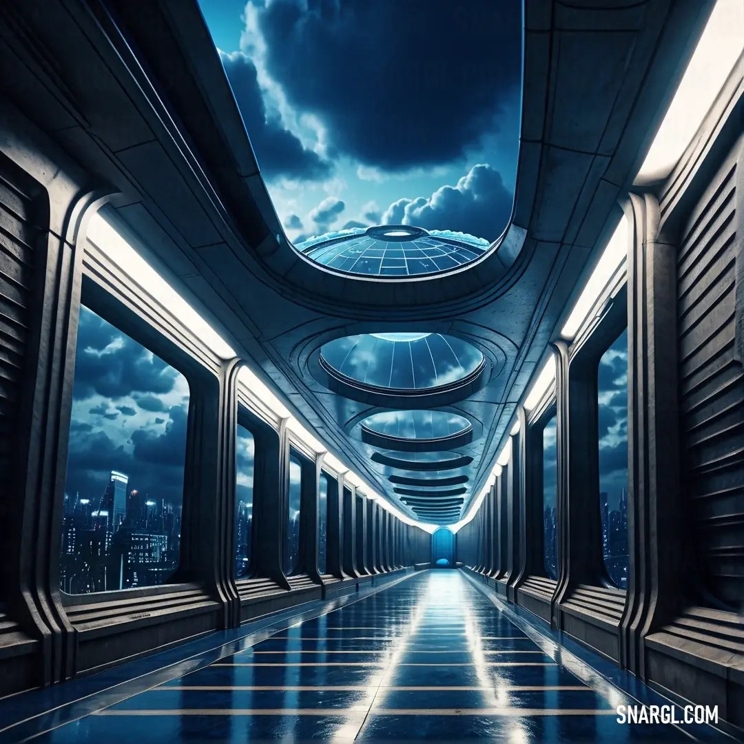 Long hallway with a sky view and a sky background. Color RGB 1,83,121.