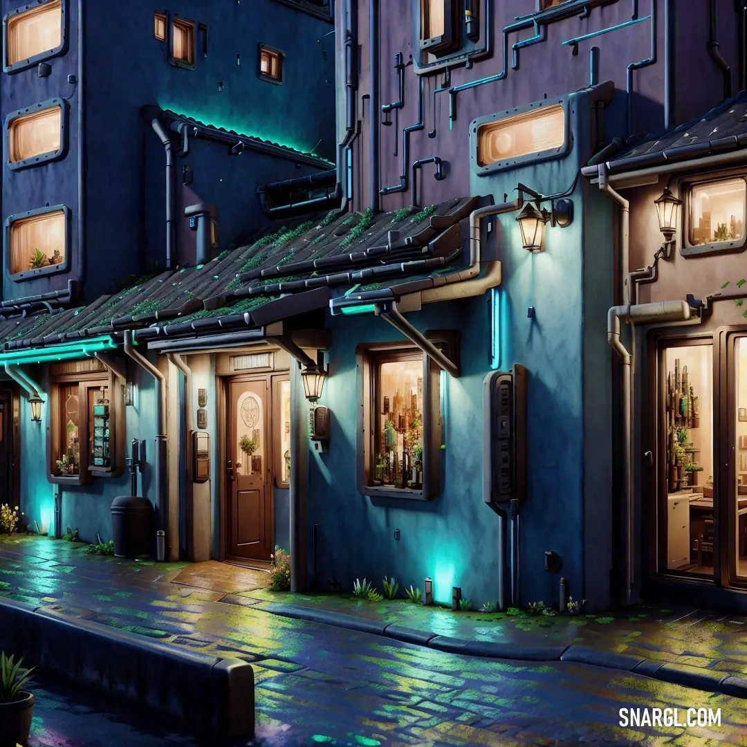PANTONE 2153 color example: Painting of a street at night with a building lit up with lights and a potted plant in front of it