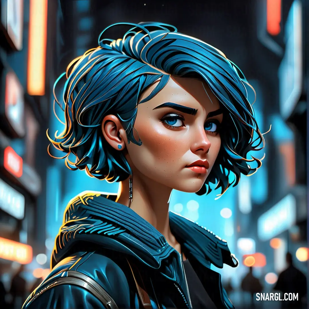 Woman with blue hair and a black jacket on a city street at night with neon lights in the background. Color #015379.