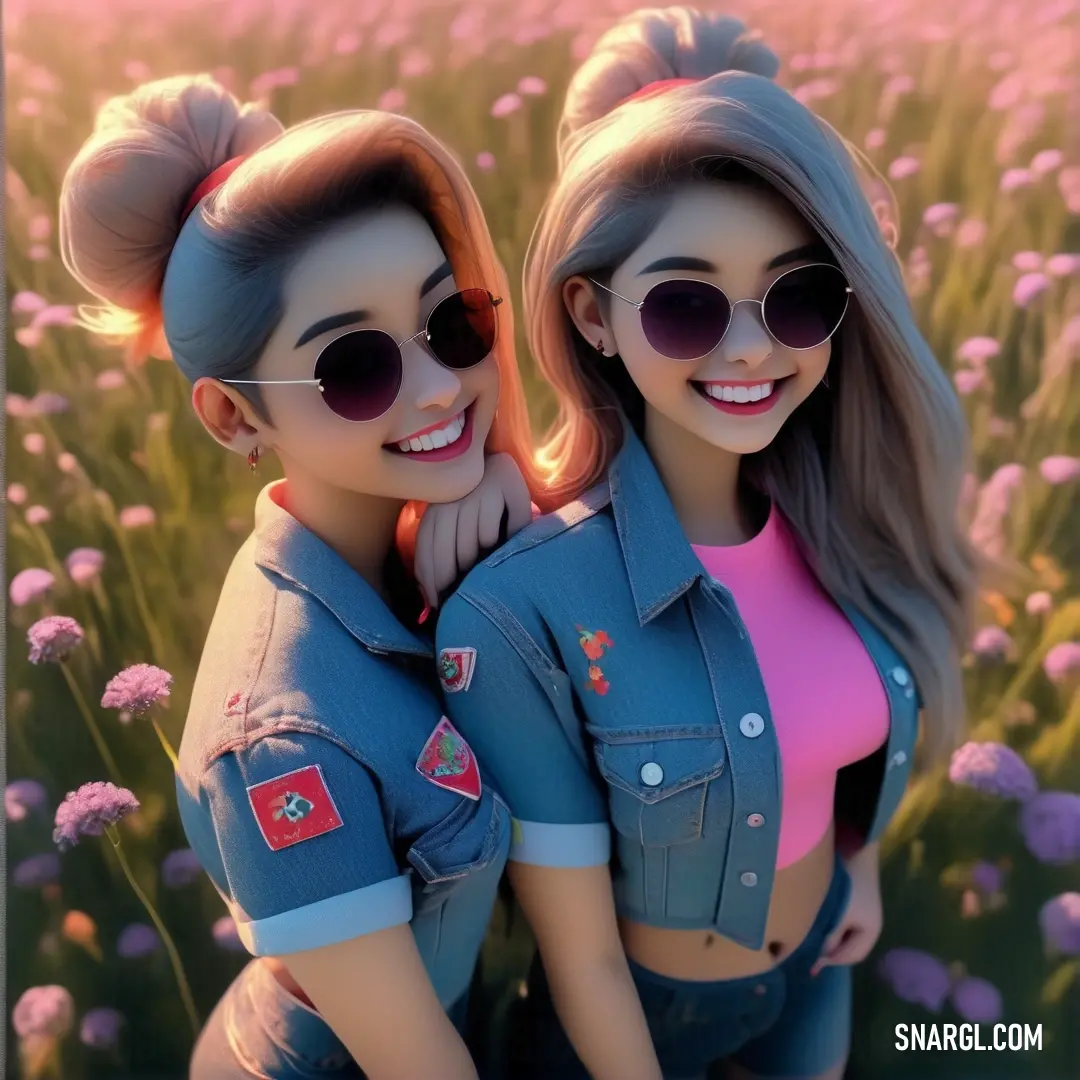 Two women are standing in a field of flowers wearing sunglasses and denim jackets and smiling at the camera with their arms around each other