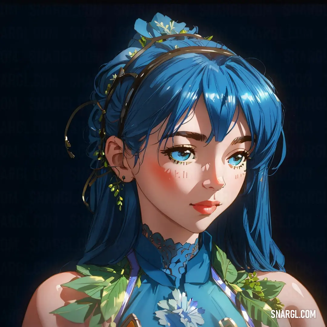 Woman with blue hair and a blue dress with flowers on her head and a blue dress with flowers on her shoulders. Example of RGB 1,71,121 color.