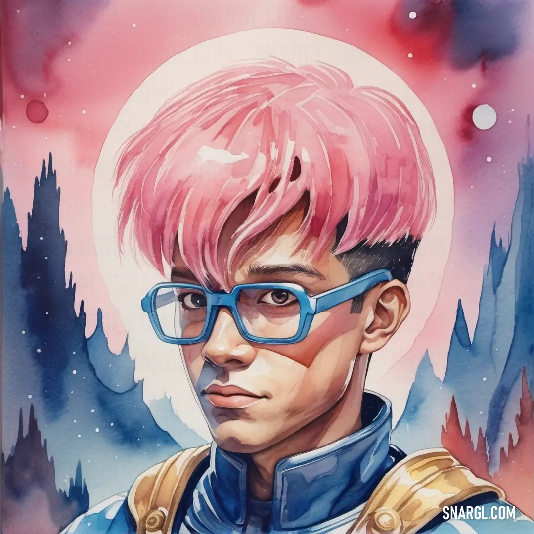 Painting of a man with pink hair and glasses on his face and a castle in the background. Color PANTONE 2156.