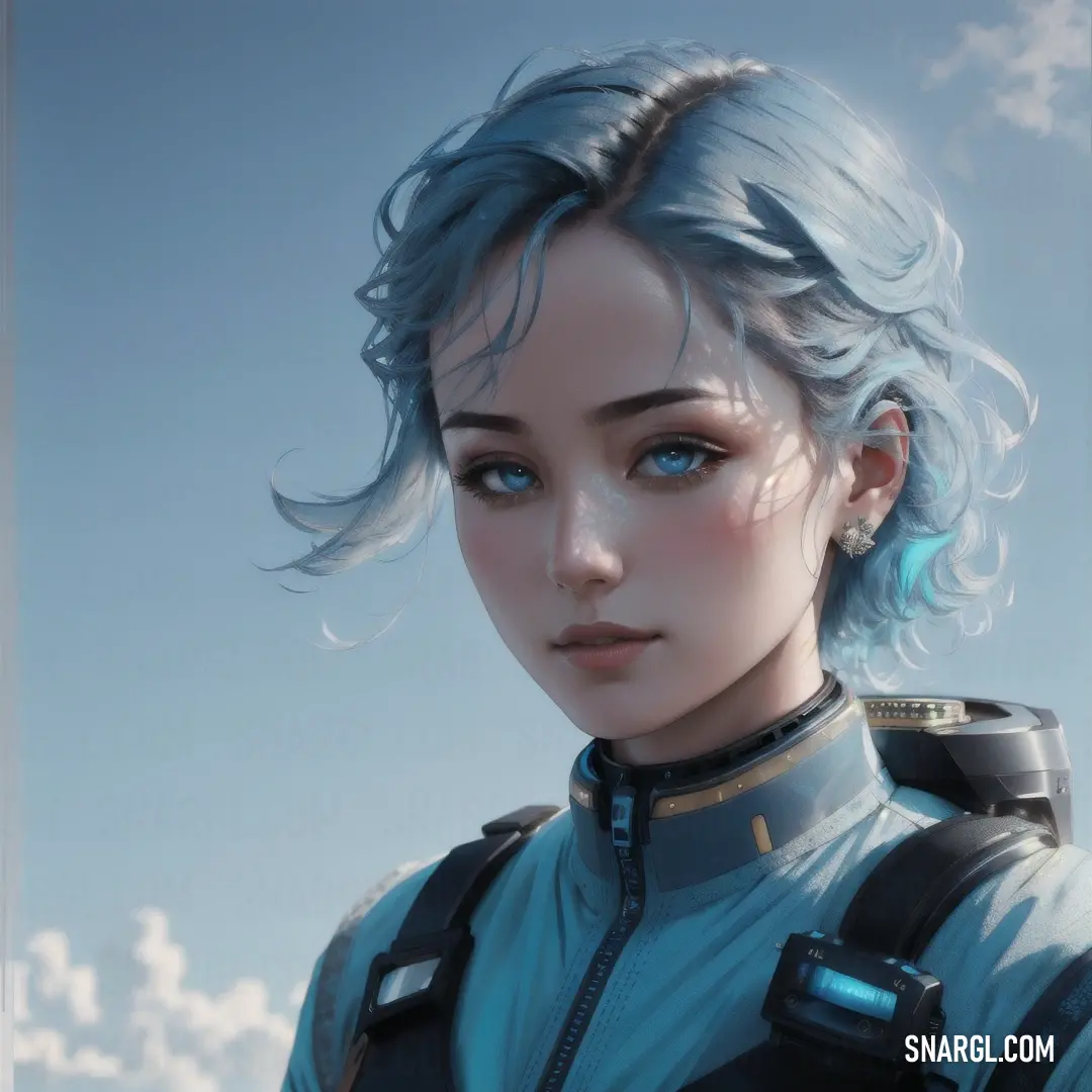 Woman with blue hair and a futuristic outfit is looking at the camera with a serious look on her face. Color #8CA8BF.