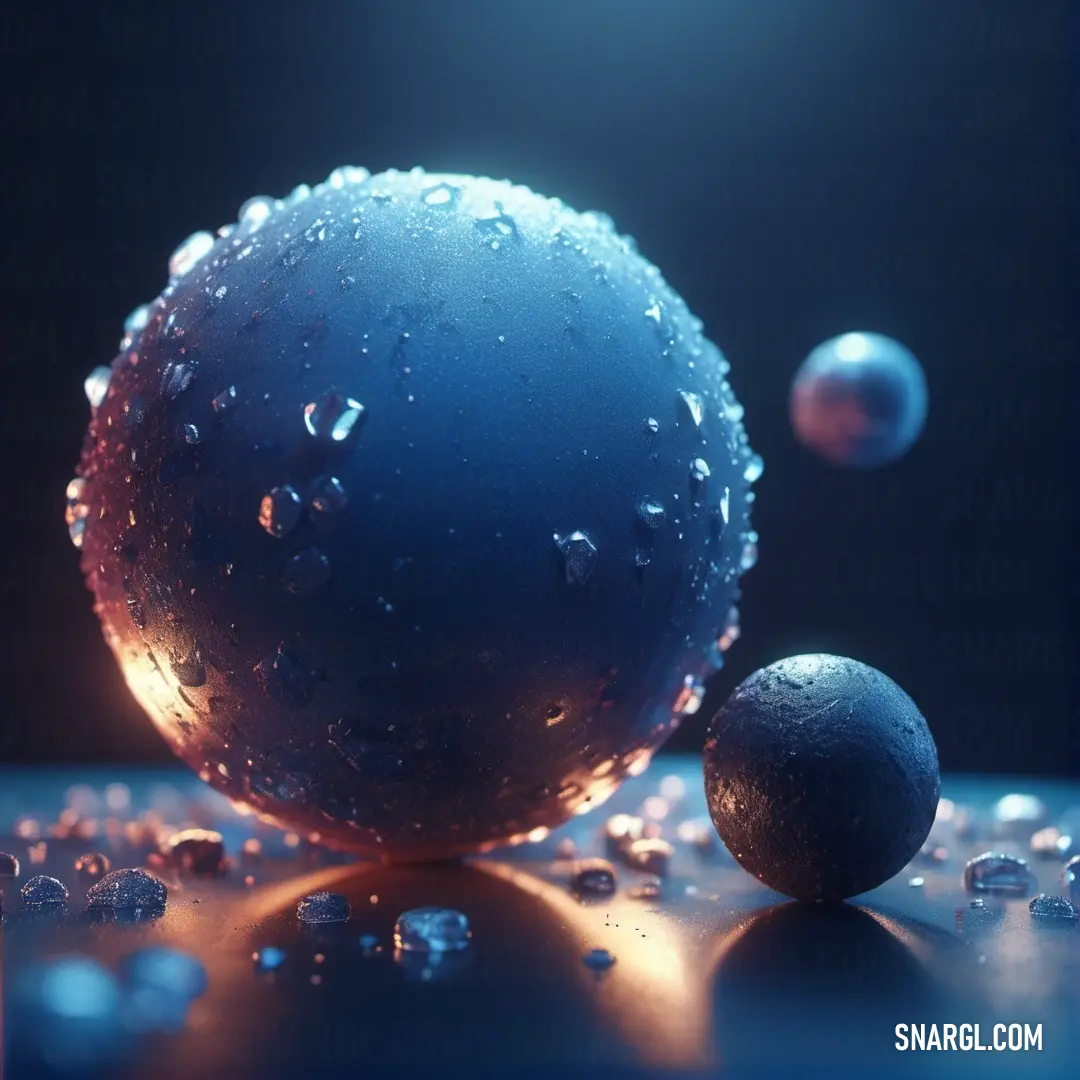 Blue ball with water droplets on it and a blue background. Example of PANTONE 2157 color.