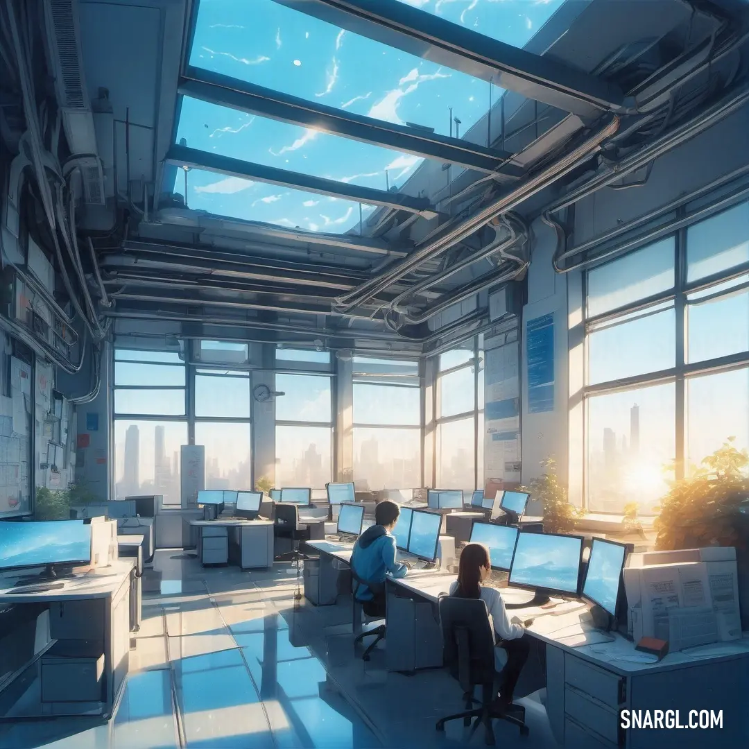 Couple of people at desks in a room with windows and a skylight above them. Example of PANTONE 2157 color.