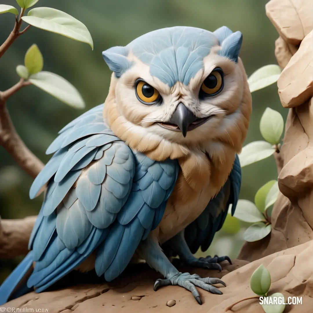 PANTONE 2157 color example: Blue and yellow owl on a branch with leaves around it's neck and eyes open