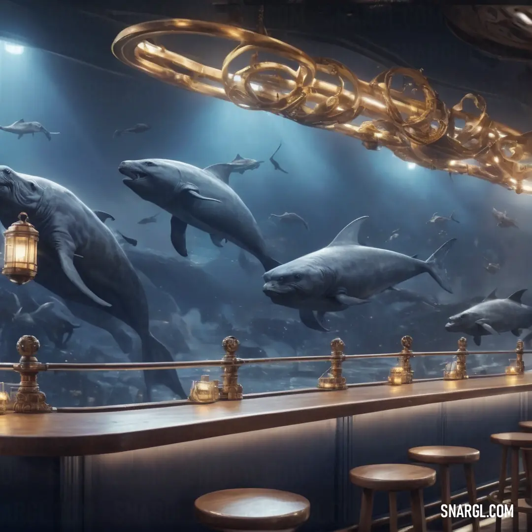 Restaurant with a large mural of dolphins on the wall and a bar with stools and a light fixture. Example of RGB 113,150,177 color.