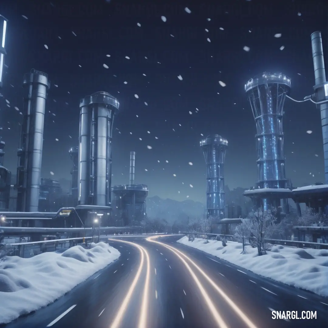 Snowy night with a highway and industrial buildings in the background. Color PANTONE 2157.