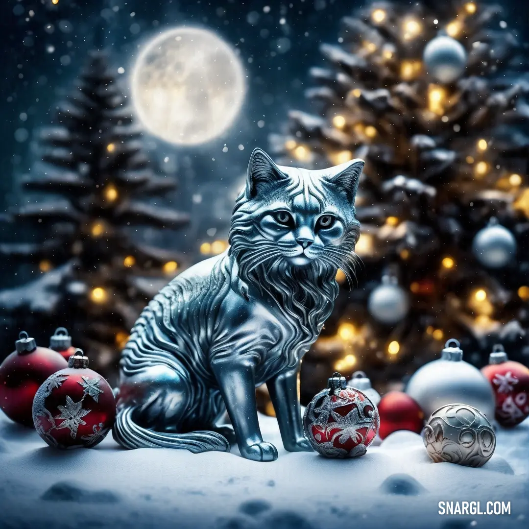 Cat in front of a christmas tree with ornaments around it and a full moon in the background. Example of PANTONE 2159 color.