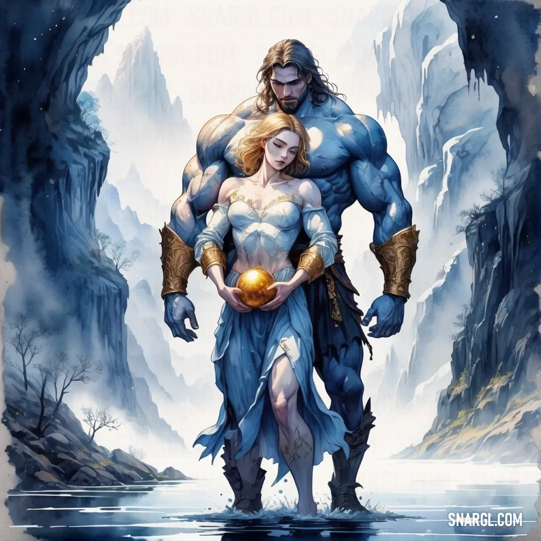 Man and woman standing in a cave with a golden ball in their hands and a mountain behind them. Color #4E7A99.