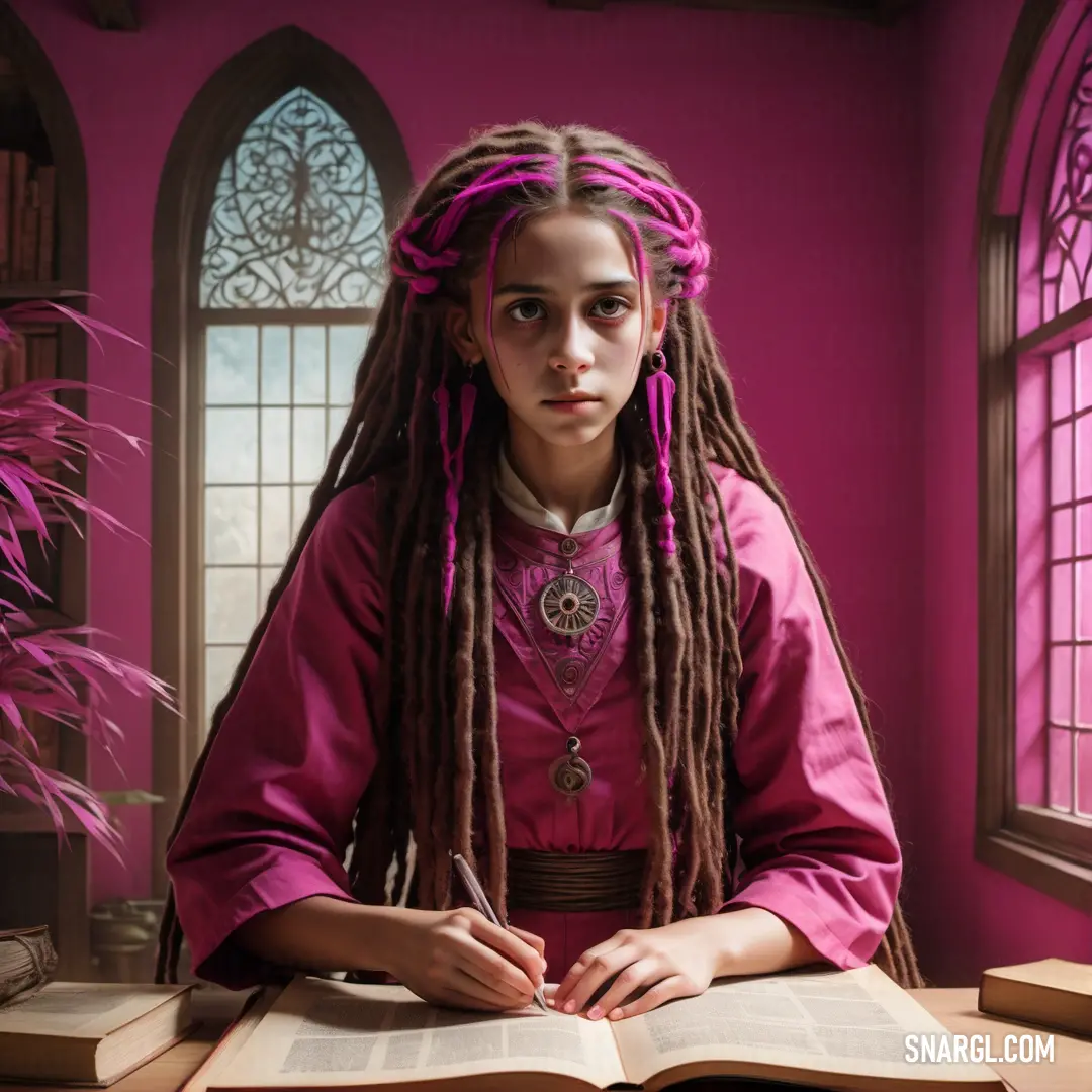 Girl with dreadlocks at a table with a book and pen in her hand and a window behind her
