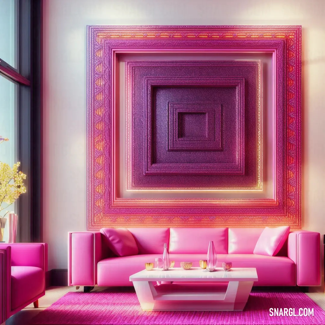 Living room with a pink couch and a coffee table in front of a picture frame on the wall
