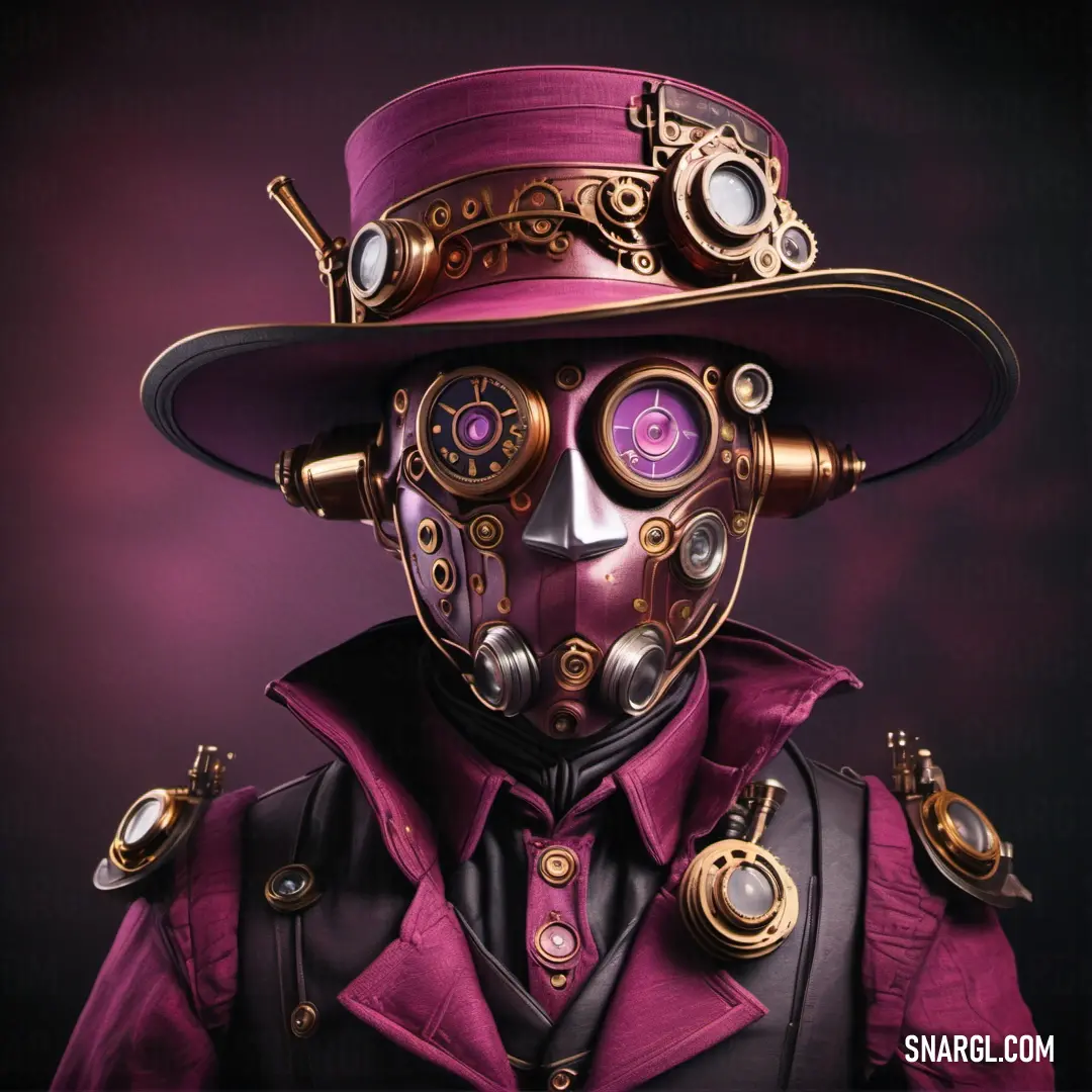 Man in a purple suit and hat with a steampunk mask on his face
