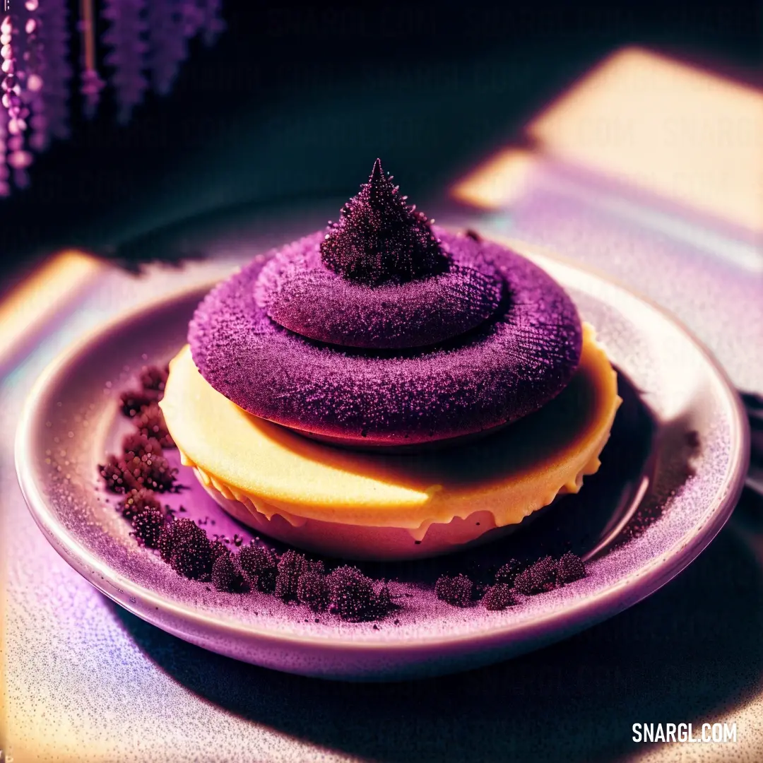 Purple dessert on a plate with a purple background and a purple light shining on it and a purple table cloth