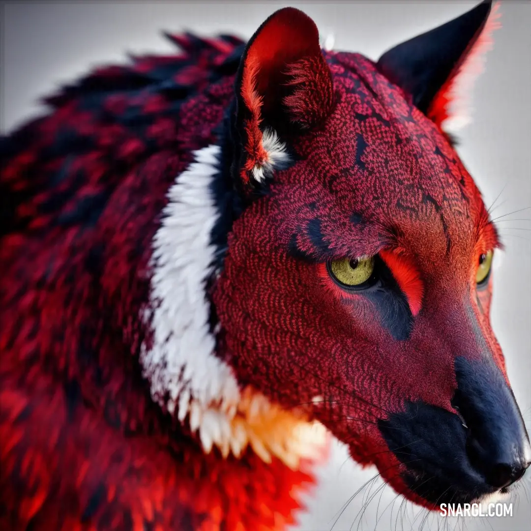 Red and white animal with a black face and yellow eyes and a black tail
