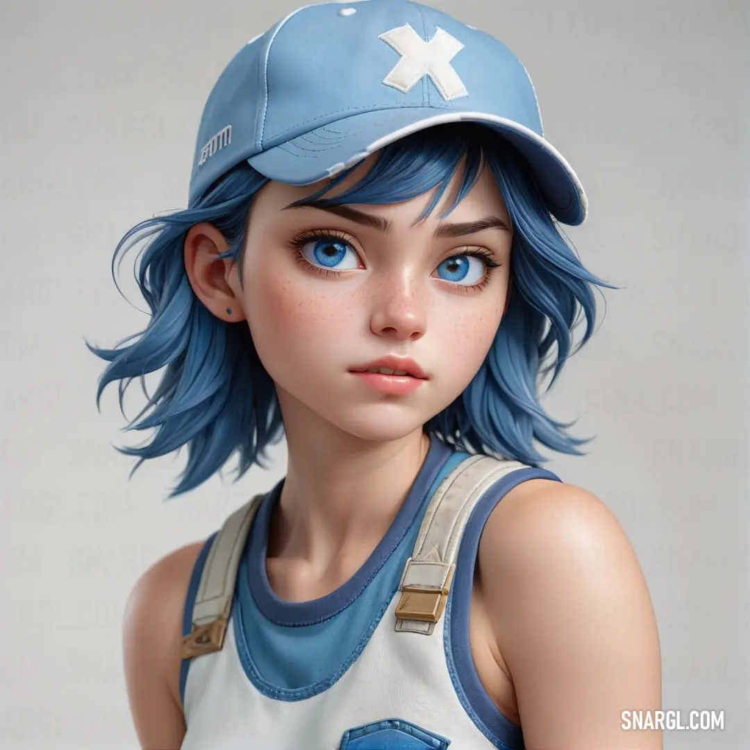 Medium electric blue color example: Cartoon character with blue hair and a baseball cap on her head