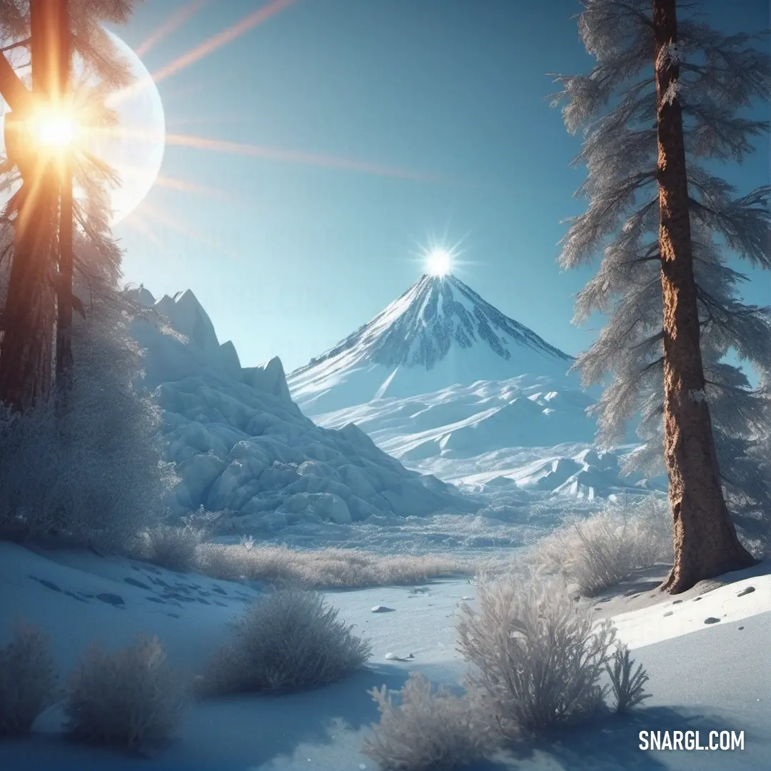 Snowy landscape with a mountain in the background and a sun shining through the trees in the foreground. Example of #3C6F8E color.