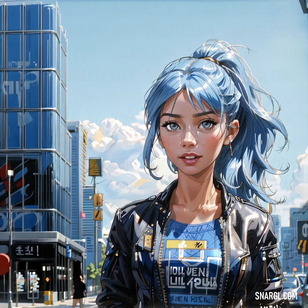 Woman with blue hair standing in the middle of a city street with a blue sky in the background. Color PANTONE 2160.