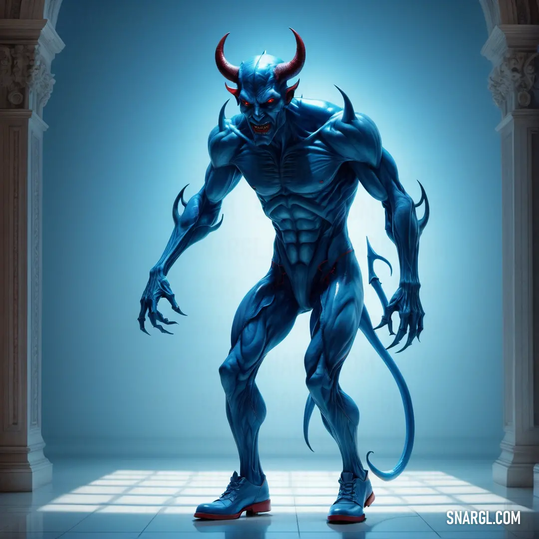 Blue demon standing in a room with a blue background. Color #17597E.