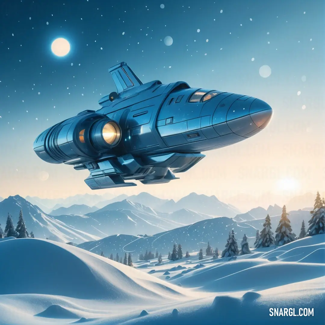 Blue spaceship flying over a snowy mountain range at night with a full moon in the sky above it. Color RGB 23,89,126.