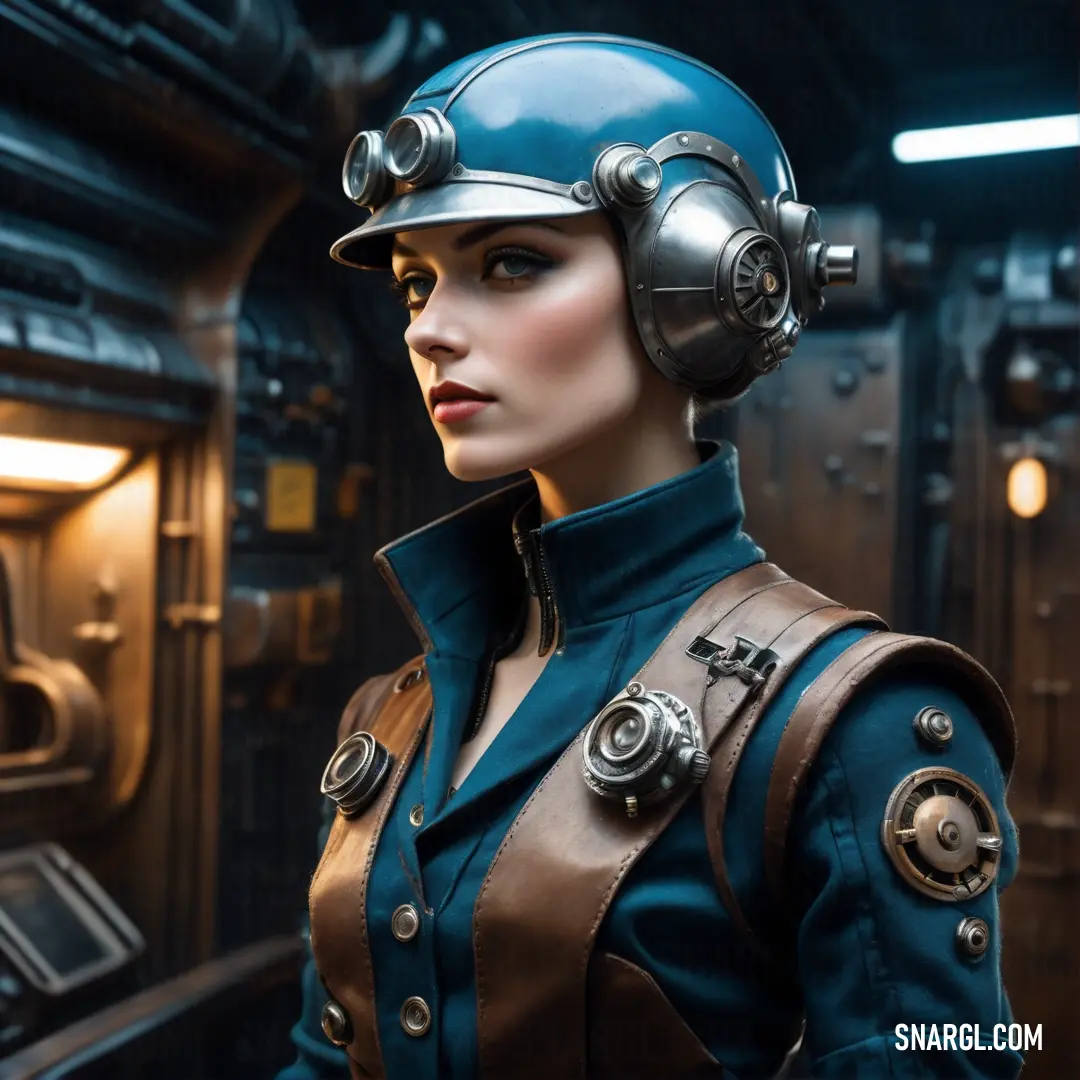 PANTONE 2161 color. Woman in a helmet and uniform in a sci - fi setting with a machine gun in her hand
