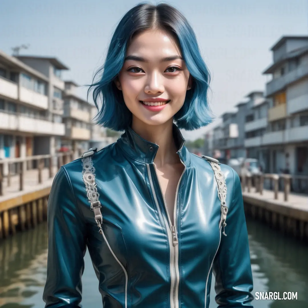 Woman with blue hair and a leather jacket on posing for a picture in front of a body of water. Example of #17597E color.