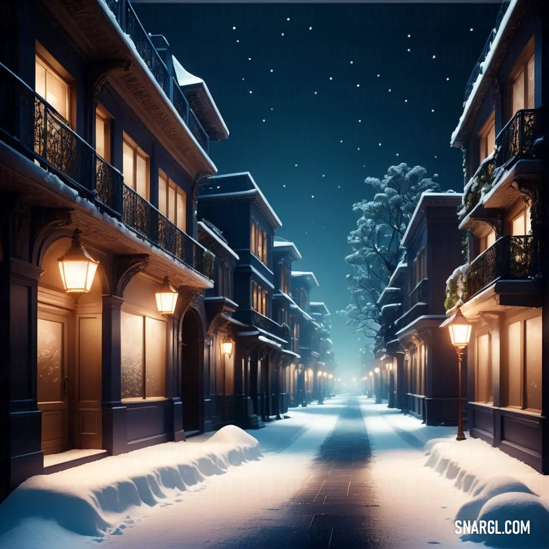 Snowy street with a street light and buildings on both sides of it at night time with snow falling on the ground