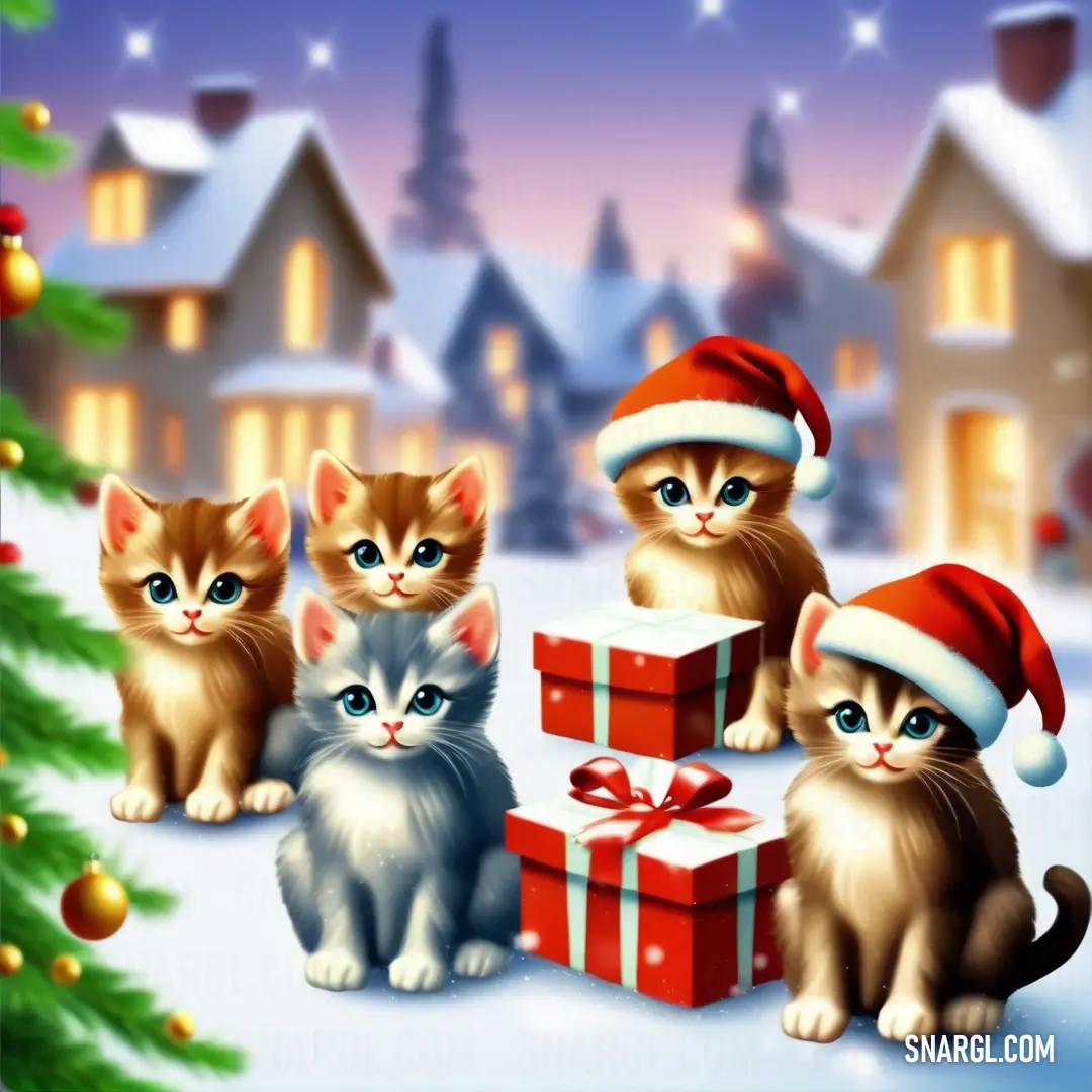 Group of cats next to a christmas tree with presents in front of them. Example of PANTONE 2162 color.