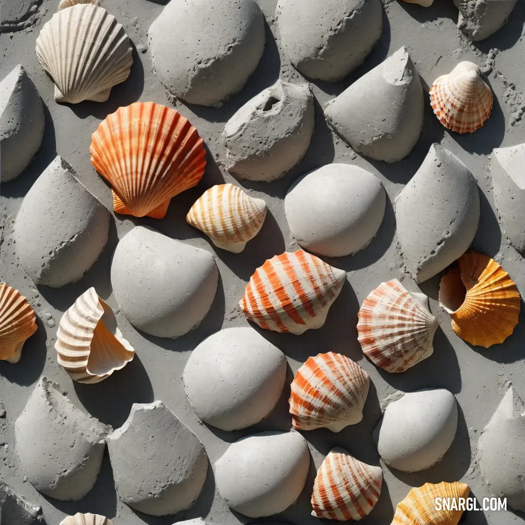 Group of sea shells on a beach next to rocks. Color CMYK 42,23,18,1.