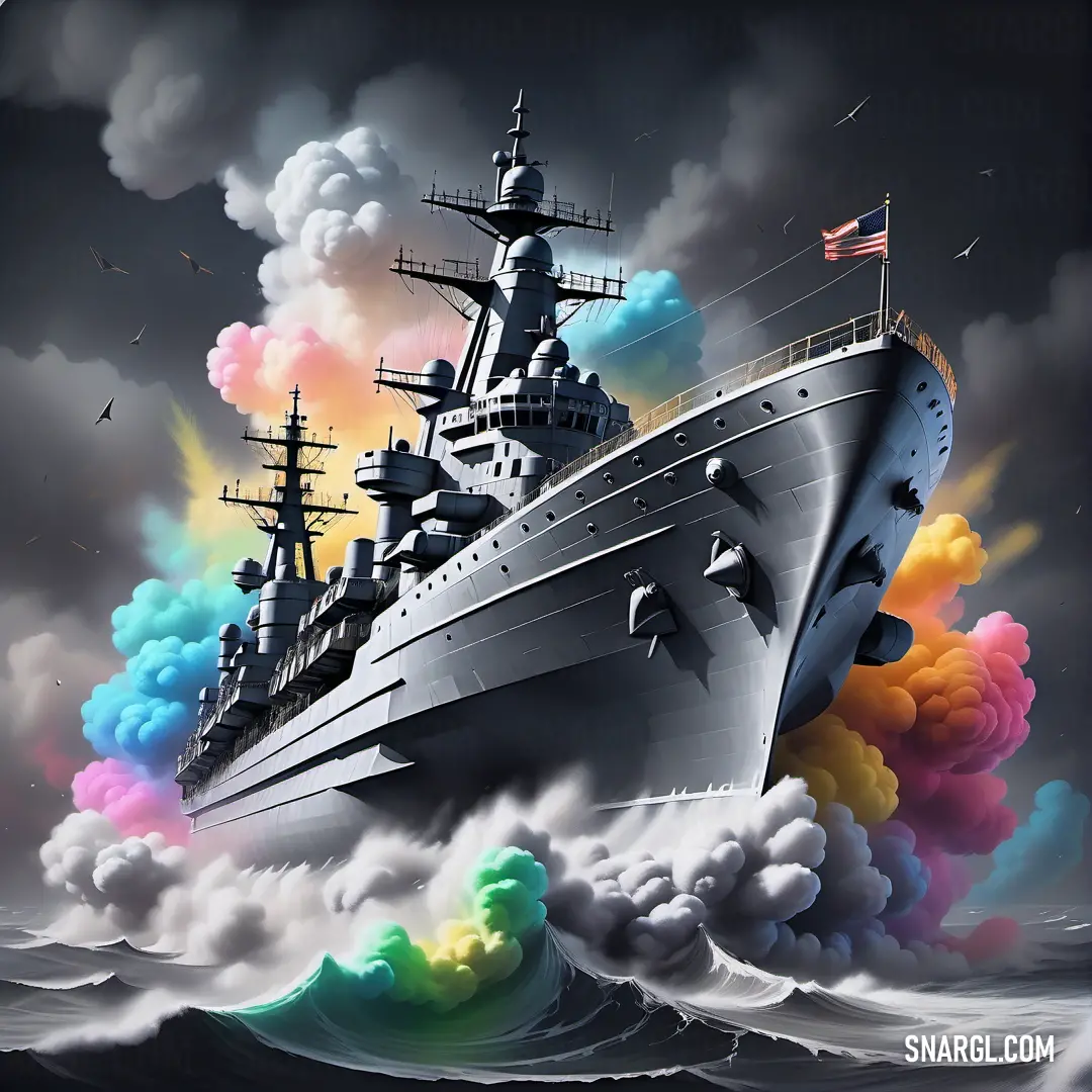 Painting of a battleship in the ocean with clouds and birds flying around it and a flag on top of it. Example of CMYK 42,23,18,1 color.