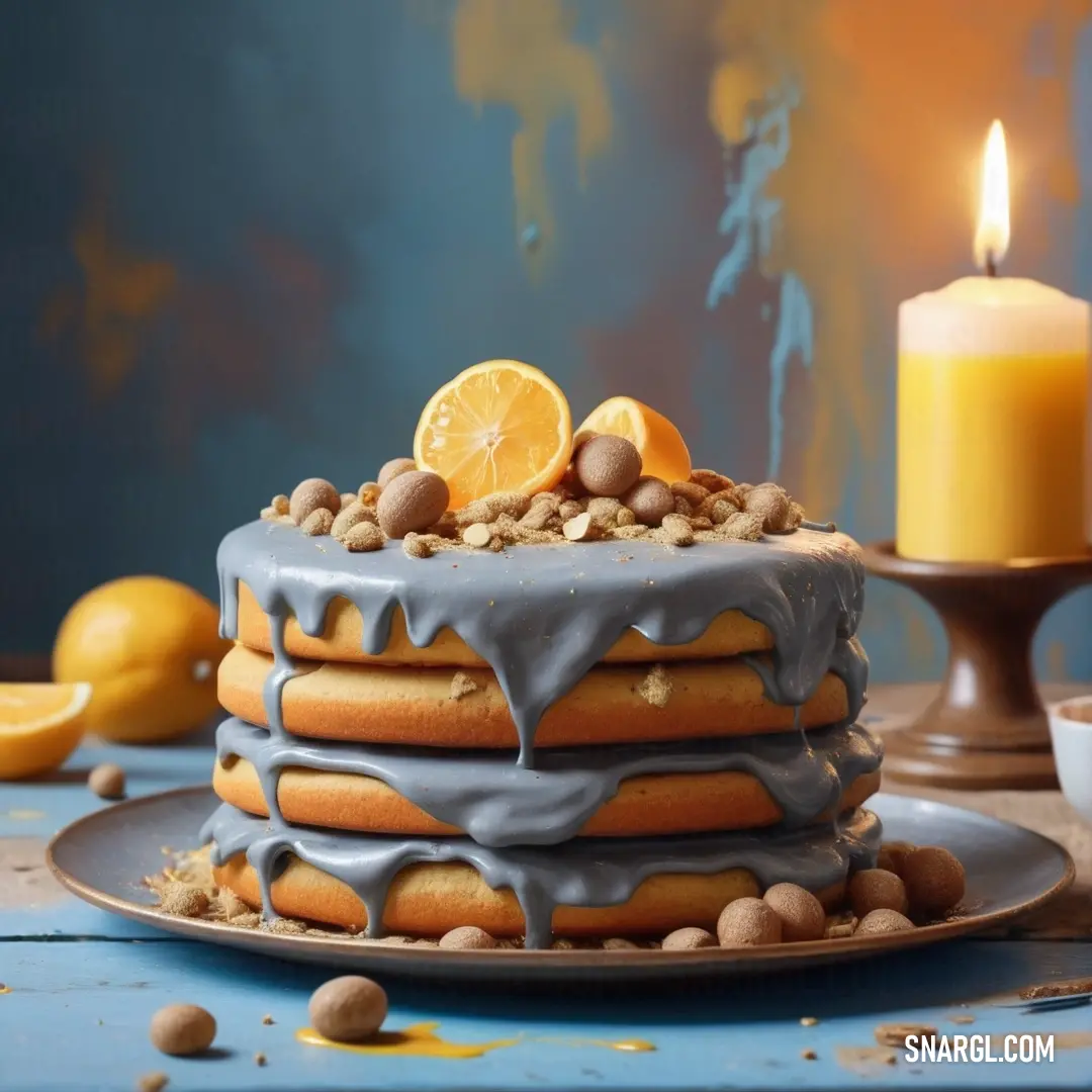 Cake with a frosting and nuts design on it and a lit candle in the background with a blue table cloth. Color PANTONE 398.