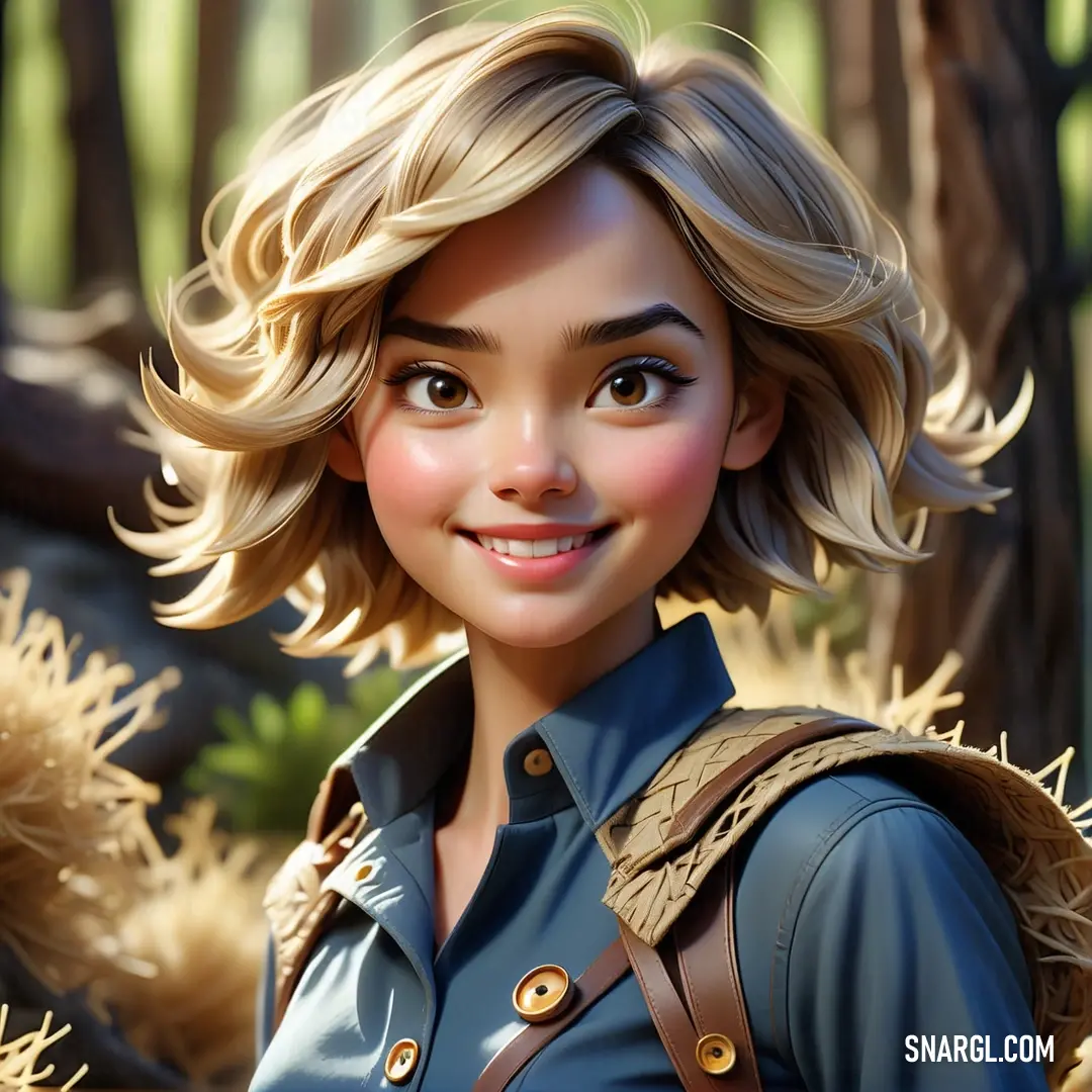 Cartoon girl with blonde hair and a blue shirt and backpack smiling at the camera with a forest in the background