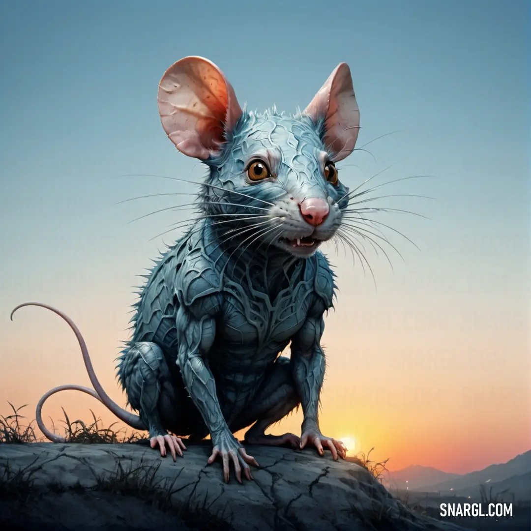PANTONE 2165 color example: Rat on a rock with the sun setting in the background and a blue sky behind it