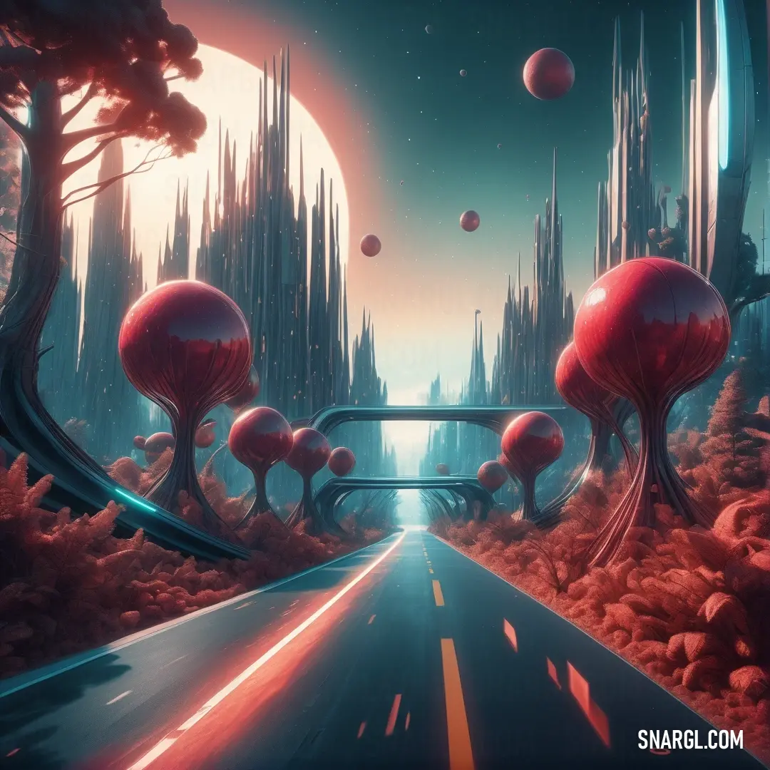 Futuristic landscape with a road and trees and planets in the background. Color PANTONE 2166.