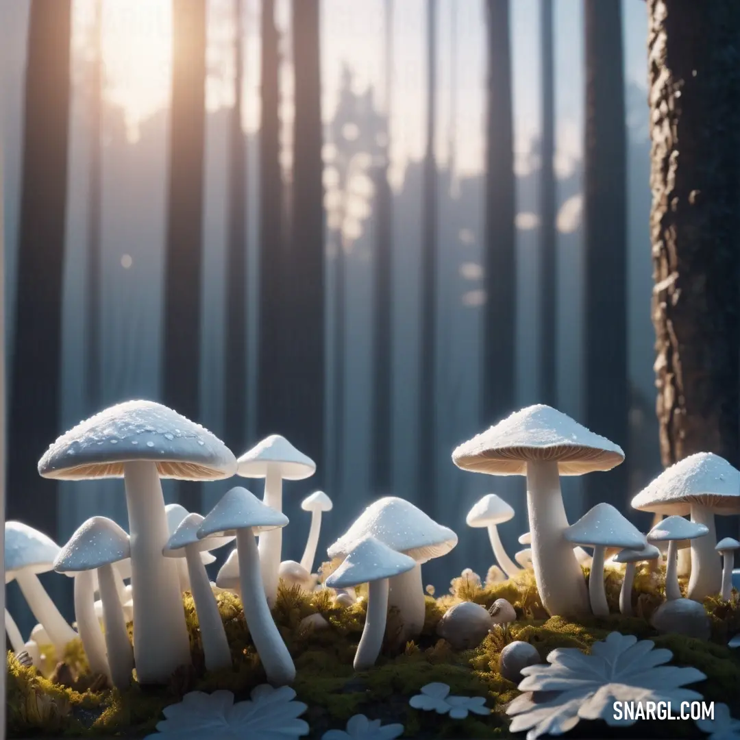 Group of mushrooms in a forest with sun shining through the trees behind them and a mossy ground. Example of PANTONE 2166 color.