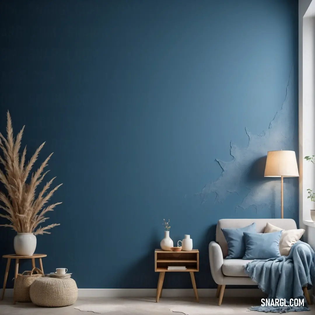 PANTONE 2167 color example: Living room with a blue wall and a white couch and a table with a lamp on it and a blue blanket on the floor