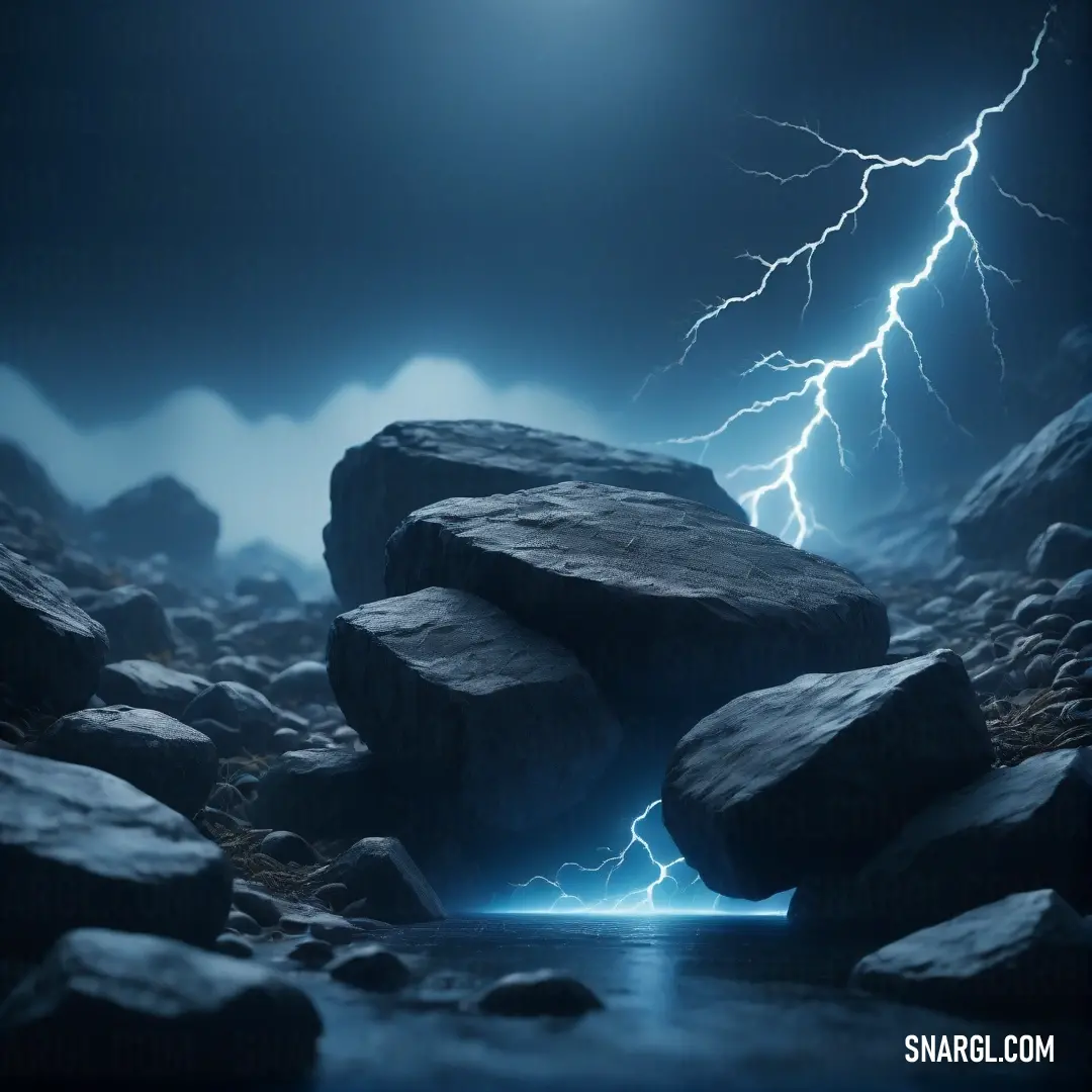 Rock formation with a lightning bolt in the background. Color RGB 63,101,120.