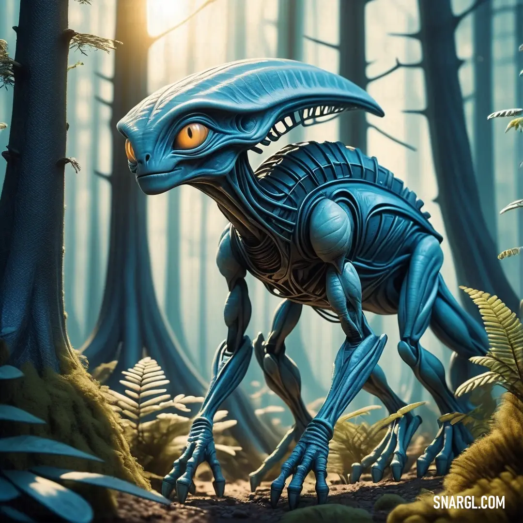Blue alien walking through a forest filled with trees and plants. Example of PANTONE 2168 color.