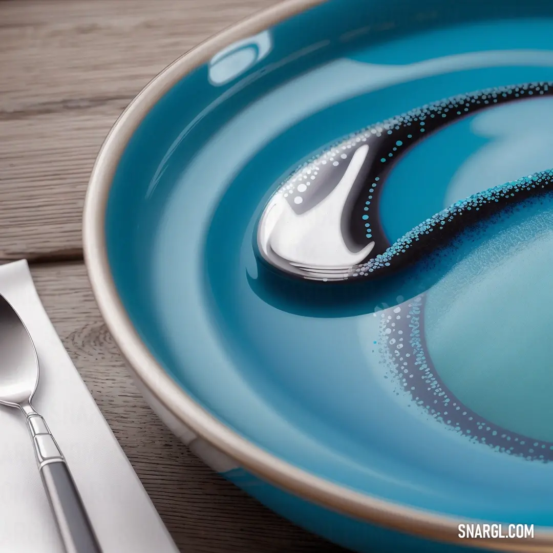 Blue plate with a silver fork and a knife on it with a napkin and fork on the side. Color RGB 129,177,209.