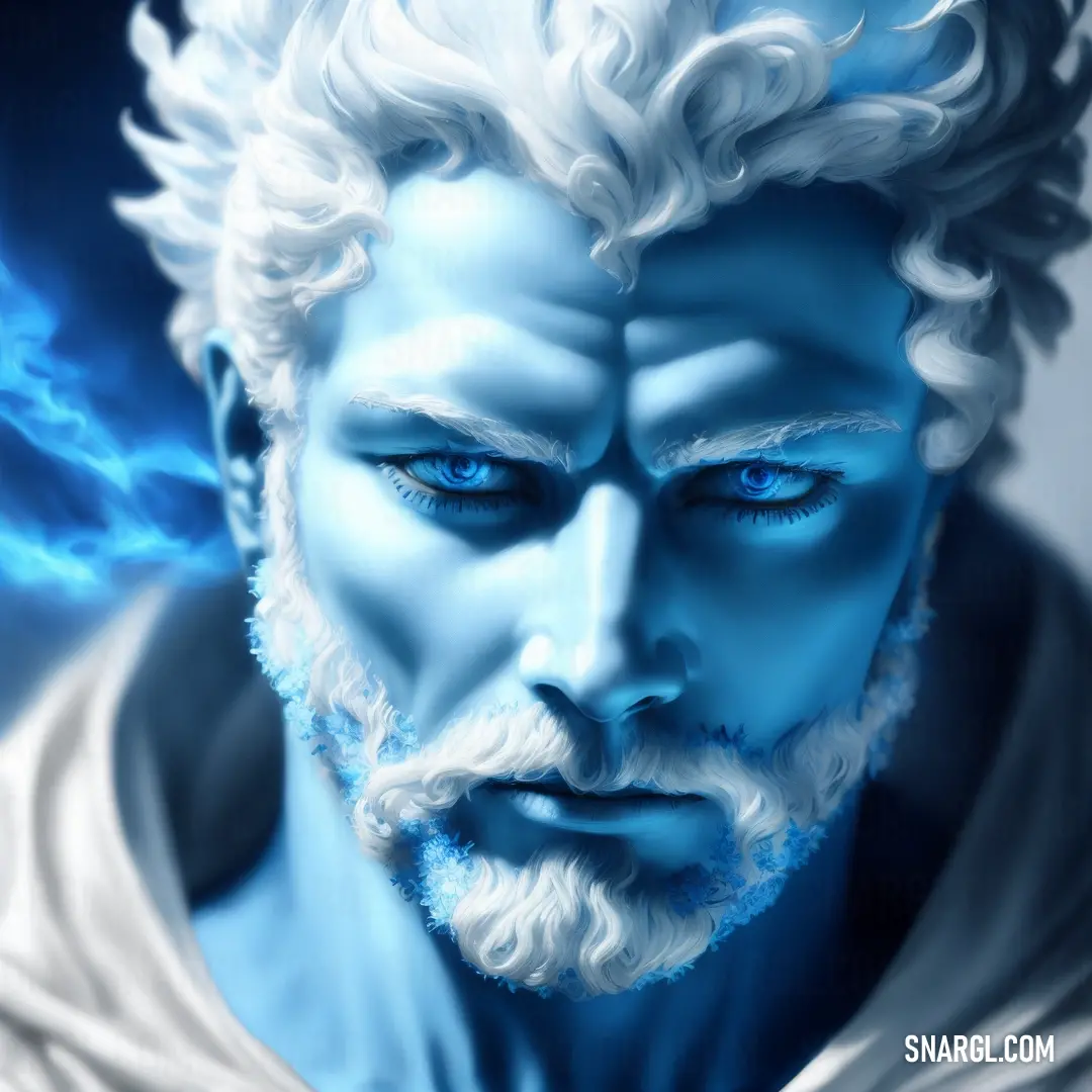 Man with a beard and blue eyes is staring at something with a lightning behind him and a blue cloud in the sky