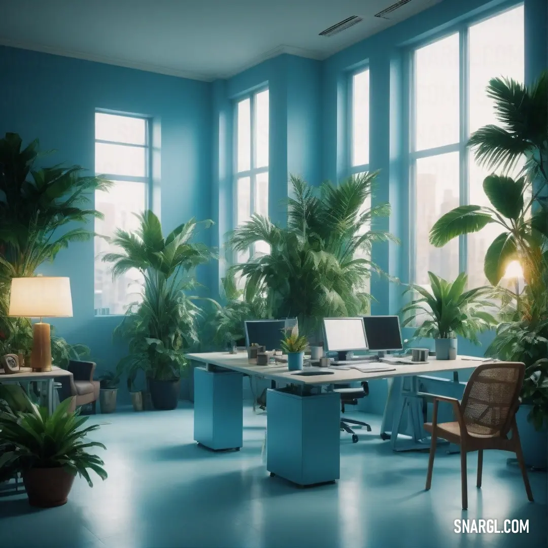 PANTONE 2169 color. Room with a desk and a chair and a lot of plants in it and a lamp on the side