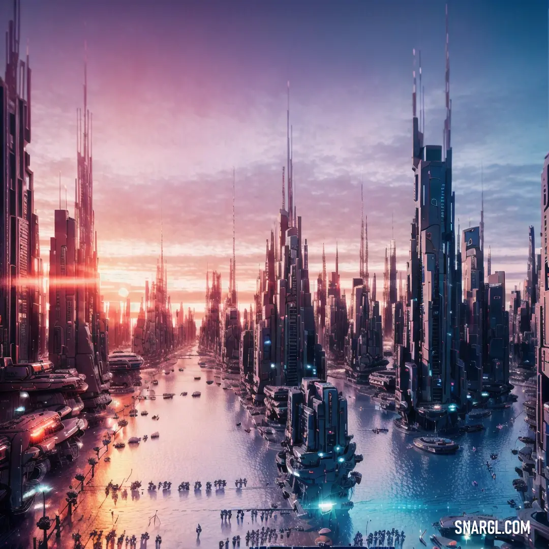 Futuristic city with a river running through it and a lot of tall buildings in the background at sunset