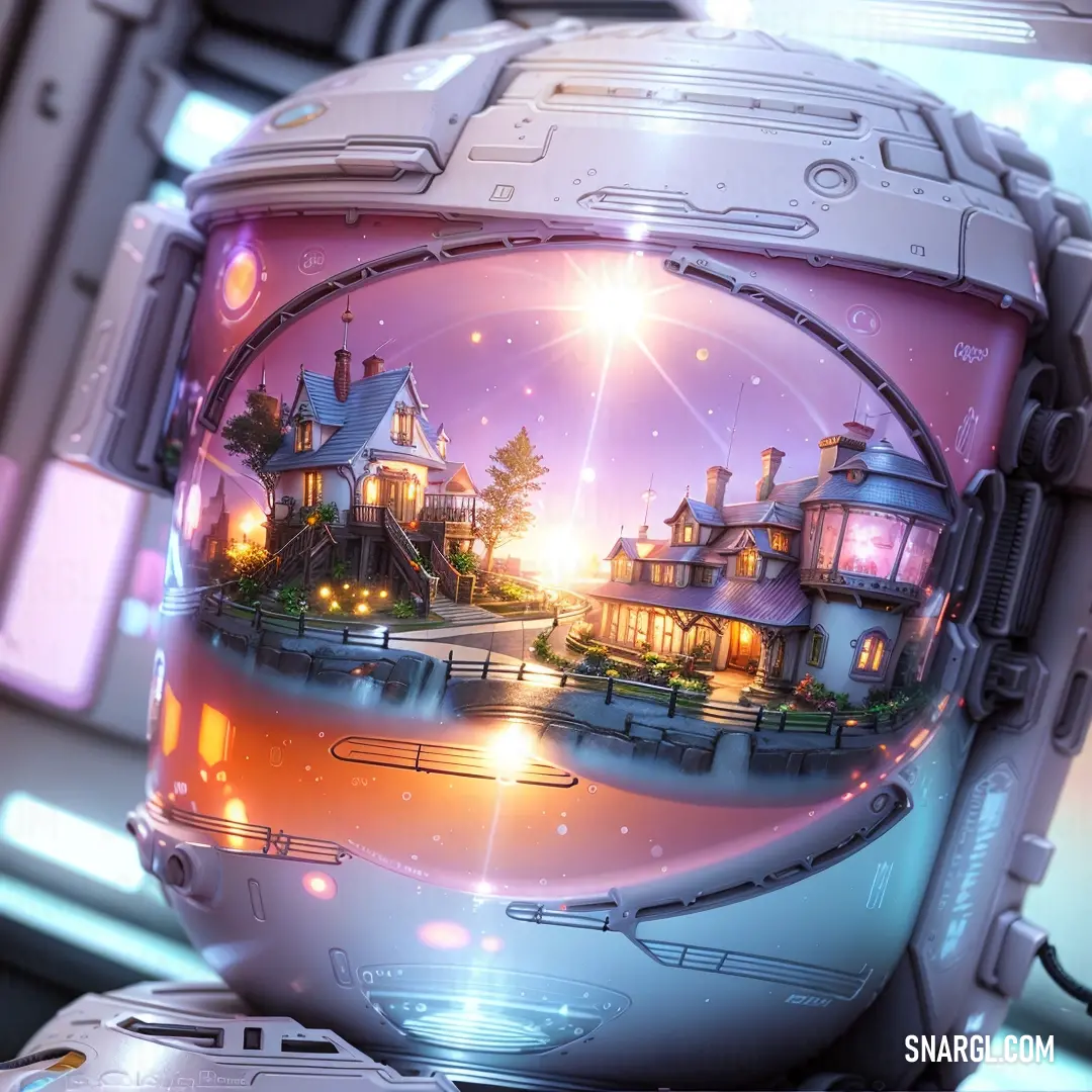 Futuristic helmet with a picture of a house on it's side