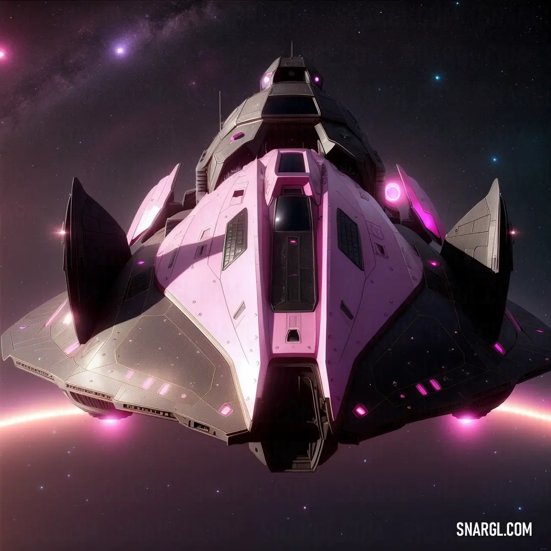 Futuristic space ship flying through the sky with a star field in the background and a pink light in the foreground